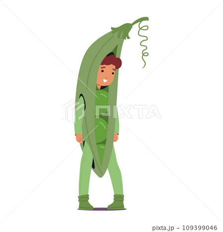 Cheerful Kid Wearing A Vibrant Green Peas Pod Costume, Complete With A Smiling Face Peeking Out, Vector Illustration Cheerful Kid Wearing A Vibrant Green Peas Pod Costume, Complete With A Smiling Face Peeking Out, Vector Illustration 109399046