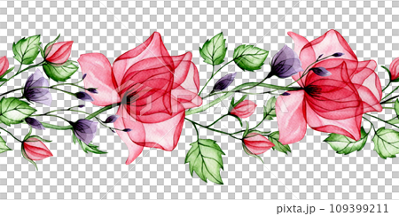 watercolor seamless border, frame with transparent flowers. pink and purple rose flowers, x-ray. watercolor seamless border, frame with transparent flowers. pink and purple rose flowers, x-ray. 109399211
