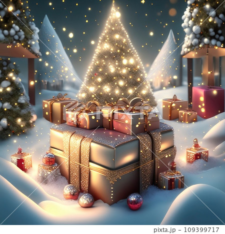 Fairy Christmas tree in a fabulous style with multicolored decor on background with the bokeh of fairy lights, in the snow, in the center. Christmas and New Year, festive mood, greeting card 109399717