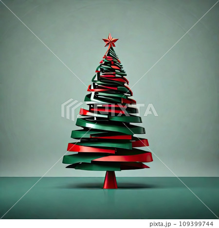 Fairy Christmas tree modern style with red-green decor of lines on a solid background. Christmas and New Year, festive mood, greeting card 109399744