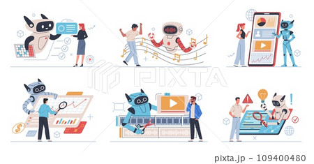 People using AI. Artificial intelligence interacts with users, communicating with chatbot, futuristic assistant helps, cyborg writes music, edits video, translator and analytics, nowaday vector set 109400480