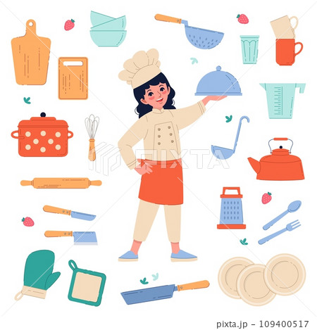Cook character with professional accessories. Cute girl in uniform with kitchen elements and tableware, female chef character, saucepan, knives and teapot cartoon flat isolated vector set Cook character with professional accessories. Cute girl in uniform with kitchen elements and tableware, female chef character, saucepan, knives and teapot cartoon flat isolated vector set 109400517