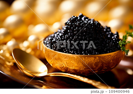 Closeup of natural black caviar in golden bowl on black background, texture of luxury fresh sturgeon caviar macro photo. Closeup of natural black caviar in golden bowl on black background, texture of luxury fresh sturgeon caviar macro photo. 109400946