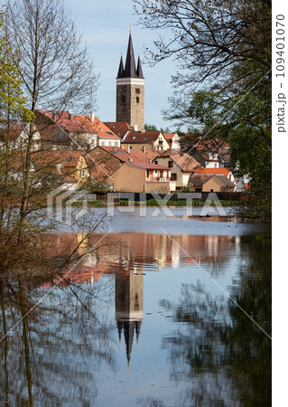 Telc town - tower with pond on foreground, Czech Republic Telc town - tower with pond on foreground, Czech Republic 109401070