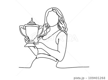 Woman holding the championship trophy, one line drawing vector illustration. 109401268