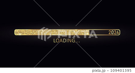 2024 New Year gold progress bar. Golden loading bar with glitter particles on black background for Christmas greeting card. Design template for holiday party invitation. Concept of festive banner 2024 New Year gold progress bar. Golden loading bar with glitter particles on black background for Christmas greeting card. Design template for holiday party invitation. Concept of festive banner 109401395