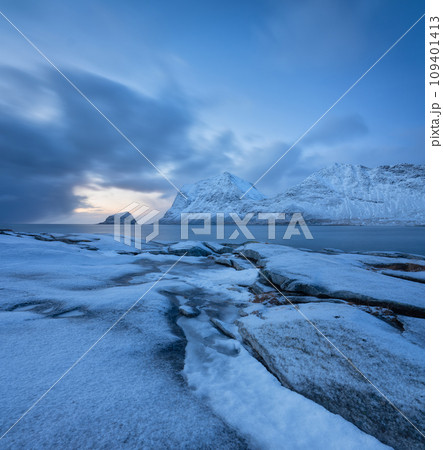 Haukland beach, Lofoten islands, Norway. Landscape with long exposure shot. Haukland beach, Lofoten islands, Norway. Landscape with long exposure shot. 109401413