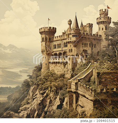 Vintage retro old English castle in the forest, stone walls, towers covered with ivy, postcard engraving style, beautiful historical landscape Vintage retro old English castle in the forest, stone walls, towers covered with ivy, postcard engraving style, beautiful historical landscape 109401515