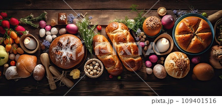 Easter table setting with tasty dishes on light background Easter table setting with tasty dishes on light background 109401516