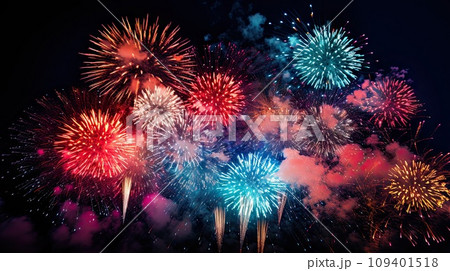 Fireworks of various colors bursting against a sky Fireworks of various colors bursting against a sky 109401518
