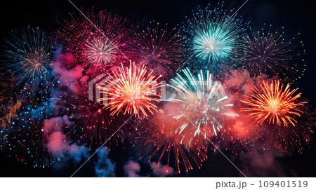 Fireworks of various colors bursting against a sky Fireworks of various colors bursting against a sky 109401519