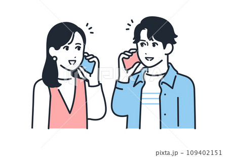 スマホで通話する若いカップルのシンプルなベクターイラストセット素材 スマホで通話する若いカップルのシンプルなベクターイラストセット素材 109402151