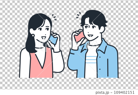 スマホで通話する若いカップルのシンプルなベクターイラストセット素材 スマホで通話する若いカップルのシンプルなベクターイラストセット素材 109402151
