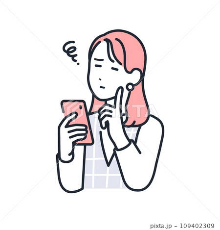 スマートフォンを持って悩むおしゃれな若い女性のシンプルなベクターイラスト素材 109402309