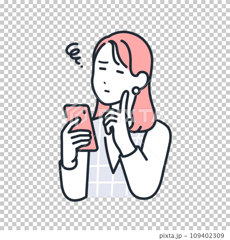 スマートフォンを持って悩むおしゃれな若い女性のシンプルなベクターイラスト素材 109402309