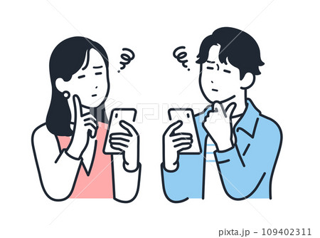スマートフォンの料金プランについて悩む若い男女のシンプルなベクターイラストセット素材 109402311