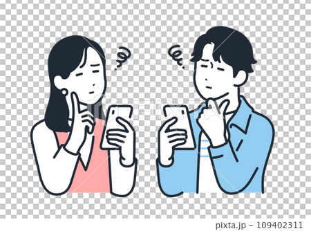 スマートフォンの料金プランについて悩む若い男女のシンプルなベクターイラストセット素材 109402311