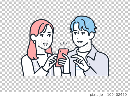 A simple vector illustration of a young man and woman consulting while looking at their smartphones A simple vector illustration of a young man and woman consulting while looking at their smartphones 109402450