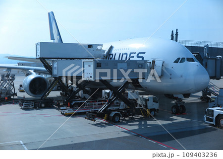 総2階建てのエアバスA380型機へ、荷物積み込みのフードローダーも複数体制(窓ガラスの映り込み有り) 総2階建てのエアバスA380型機へ、荷物積み込みのフードローダーも複数体制(窓ガラスの映り込み有り) 109403236