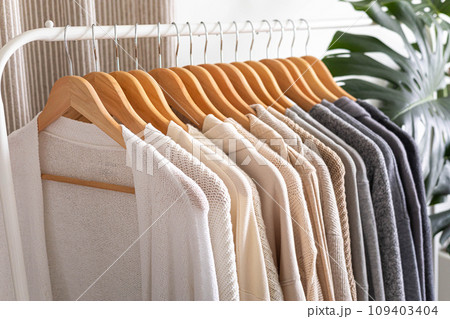 White hanger with beautiful clothes in neutral colors. Monstera flower with large leaves. White hanger with beautiful clothes in neutral colors. Monstera flower with large leaves. 109403404