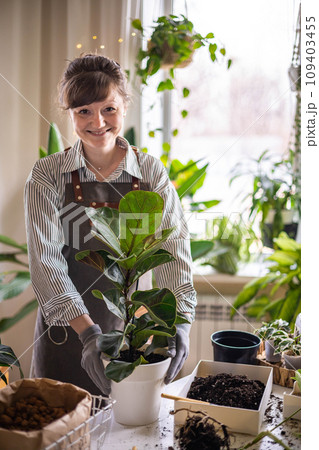 Smiling woman home garden transplant variegated monstera posing at houseplant room interior Smiling woman home garden transplant variegated monstera posing at houseplant room interior 109403455