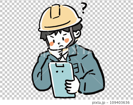 疑問を感じる現場作業員の手描き風イラスト バストアップ 疑問を感じる現場作業員の手描き風イラスト バストアップ 109403636