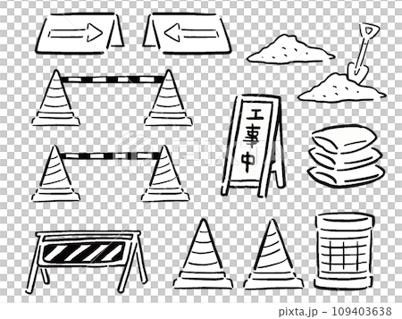 Hand-drawn style illustration set of construction site signs and motifs line drawing Hand-drawn style illustration set of construction site signs and motifs line drawing 109403638