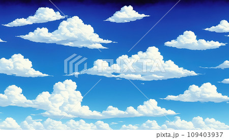 夏の青空と白い雲の写実的な絵画 109403937