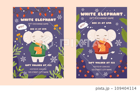 White elephant gift exchange party game template, set of two posters. Funny grumpy character who is surprised by what he sees in the gift box. Christmas party 109404114