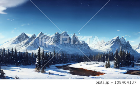 雪山と森と川の写実的な風景画 109404137