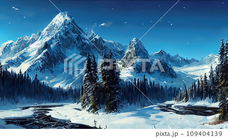 雪山と森と川の写実的な風景画のイラスト素材 [109404139] - PIXTA