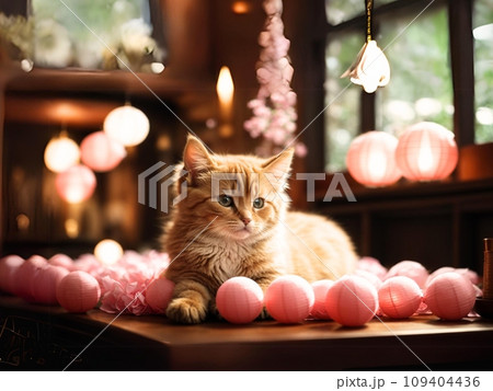 淡いピンクの光る玉と落ち着いた可愛い子猫 109404436