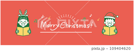 クリスマスソングを歌う子どもとメリークリスマスの文字のイラスト 109404620