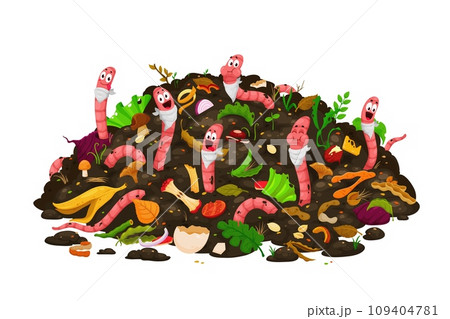 Cartoon earth worms eating compost, funny earthworm characters in organic wastes, vector background. Vermicomposting poster with earthworms in soil humus eating compostable bio garbage of food scraps 109404781