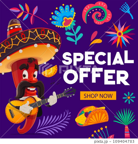 Mexican holiday special offer banner. Mexico fiesta sale vector flyer of cartoon chili pepper mariachi musician character with sombrero playing guitar, tropical flower and plant pattern, discount card 109404783
