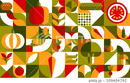 Bauhaus vegetable abstract geometric pattern background, vector mosaic food tile. Broccoli, carrot and pumpkin with cucumber and tomato vegetables in Bauhaus Swiss or Scandinavian geometric pattern 109404792