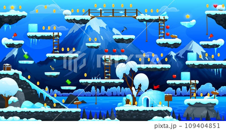 Arcade winter mountains game level map interface. Ice platforms and golden coins, stairs and food. Mobile game environment vector landscape, retro gaming arcade scenery with snowy platforms in arctic Arcade winter mountains game level map interface. Ice platforms and golden coins, stairs and food. Mobile game environment vector landscape, retro gaming arcade scenery with snowy platforms in arctic 109404851