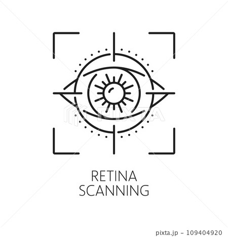 Retina scanning biometric identification, recognition and verification icon. Isolated vector linear sign, featuring eye inside of snap shot frame. Futuristic symbol of cutting-edge security technology 109404920