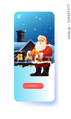 santa claus in red costume and hat holding wrapped gift box at night city street christmas eve holiday happy new year celebration template 109405377