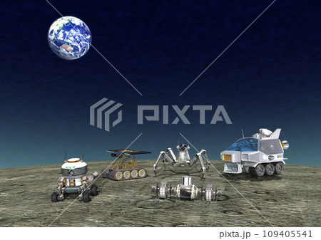 月面に降ろされた 日本や各国の探査ロボットや探査車(3DCGイメージ) 月面に降ろされた 日本や各国の探査ロボットや探査車(3DCGイメージ) 109405541
