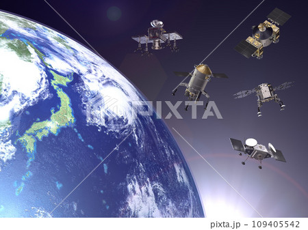 未知の天体　惑星　衛星などに飛び発つ　探査機と　背景の日本(3DCGイメージ)太陽アリ 109405542