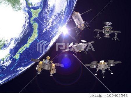 未知の天体　惑星　衛星などに飛び発つ　探査機と　背景の日本(3DCGイメージ)太陽アリ 109405548