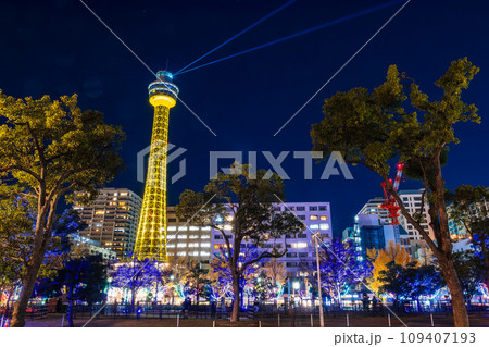 横浜　ライトアップされたマリンタワーと山下公園 109407193