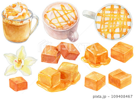 キャラメルラテとキャラメルの素材集　水彩画イラスト 109408467