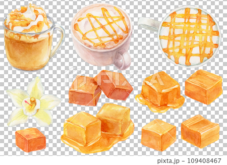 キャラメルラテとキャラメルの素材集　水彩画イラスト 109408467