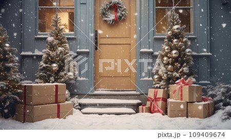 AI-generated content. Delivered parcel box on door mat near winter snow entrance. Christmas online shopping. Black Friday sale. 109409674