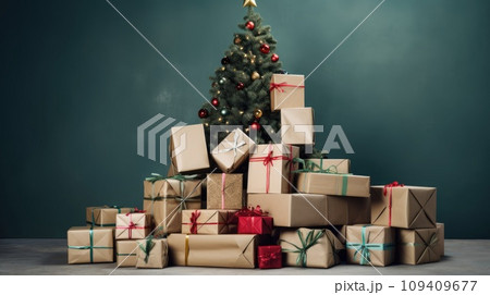 AI-generated content. Delivered pile of parcel boxes under Christmas tree. Christmas online shopping. Black Friday sale. AI-generated content. Delivered pile of parcel boxes under Christmas tree. Christmas online shopping. Black Friday sale. 109409677