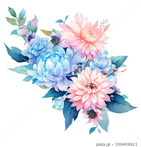 Watercolor painting of blue and pink flowers in spring 109409921