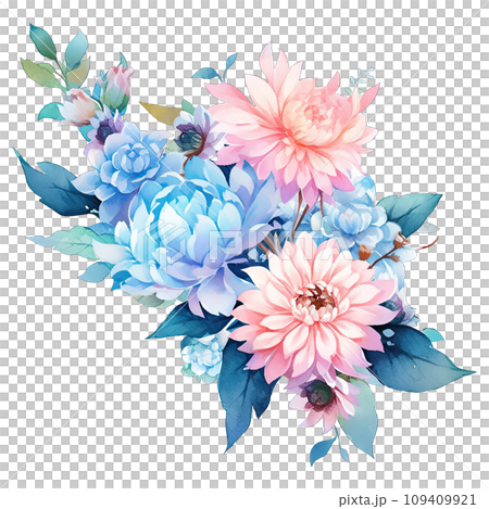 Watercolor painting of blue and pink flowers in spring 109409921