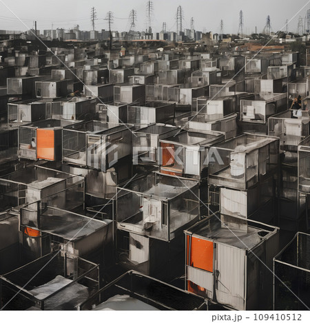 AI-generated content. A group of metal cage buildings. 109410512